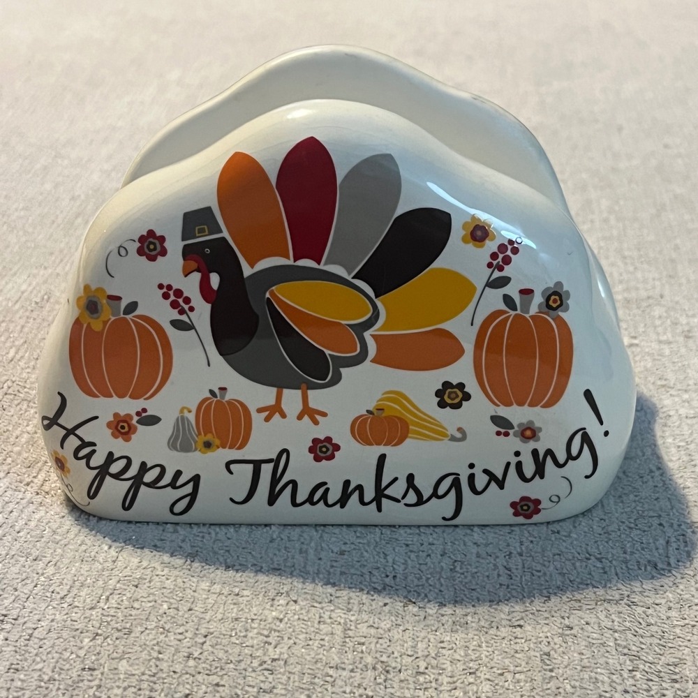 Essential Home Ceramic Thanksgiving Turkey Napkin Holder White Fall Harvest Deco